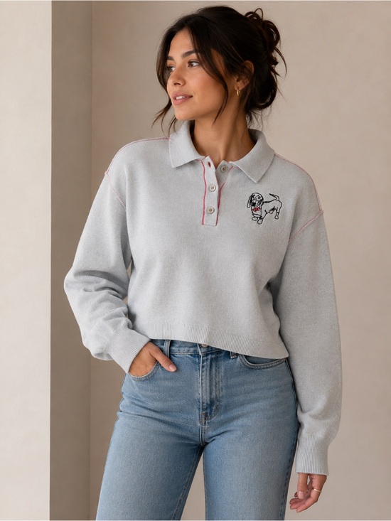 Pilcro Sweaters - Pilcro Light Blue Long-Sleeve Polo with Dog Embroidery and Pink Trim